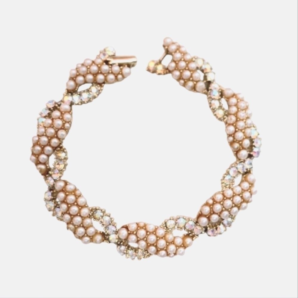 Rare Kramer NY Seed Pearl Parure with Clear AB Rhinestone Bracelet